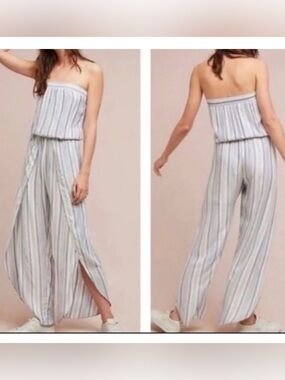 Anthropologie Drew Women Emerson Striped Strapless Jumpsuit XS Casual Boho Blue